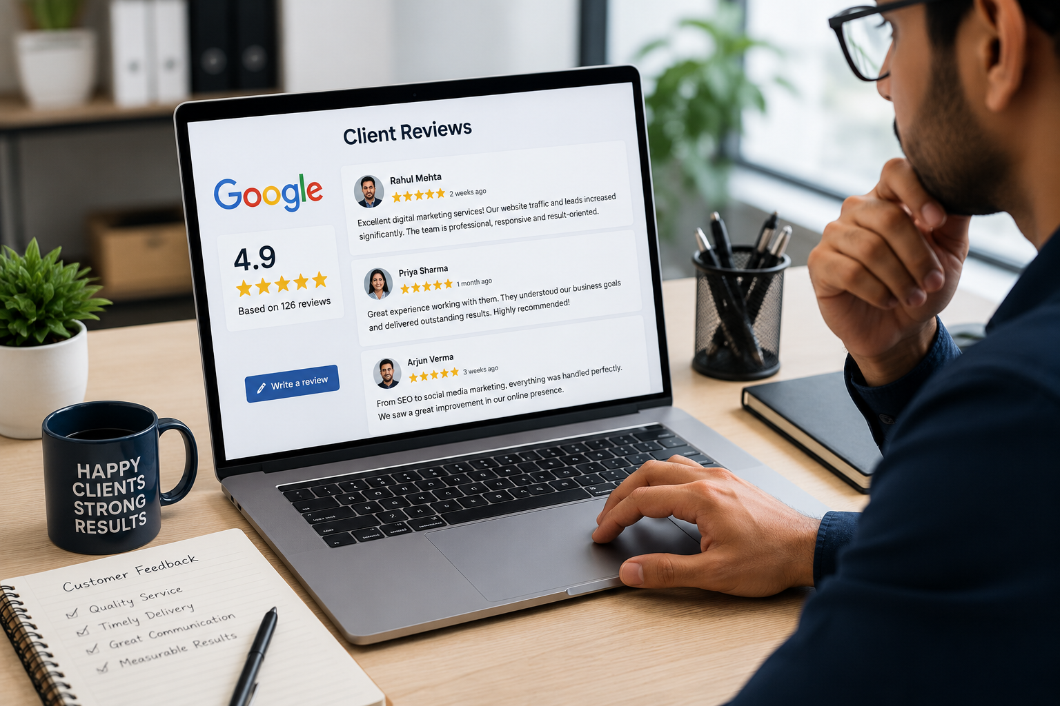 Business owner checking client reviews before hiring a digital marketing agency in Kota