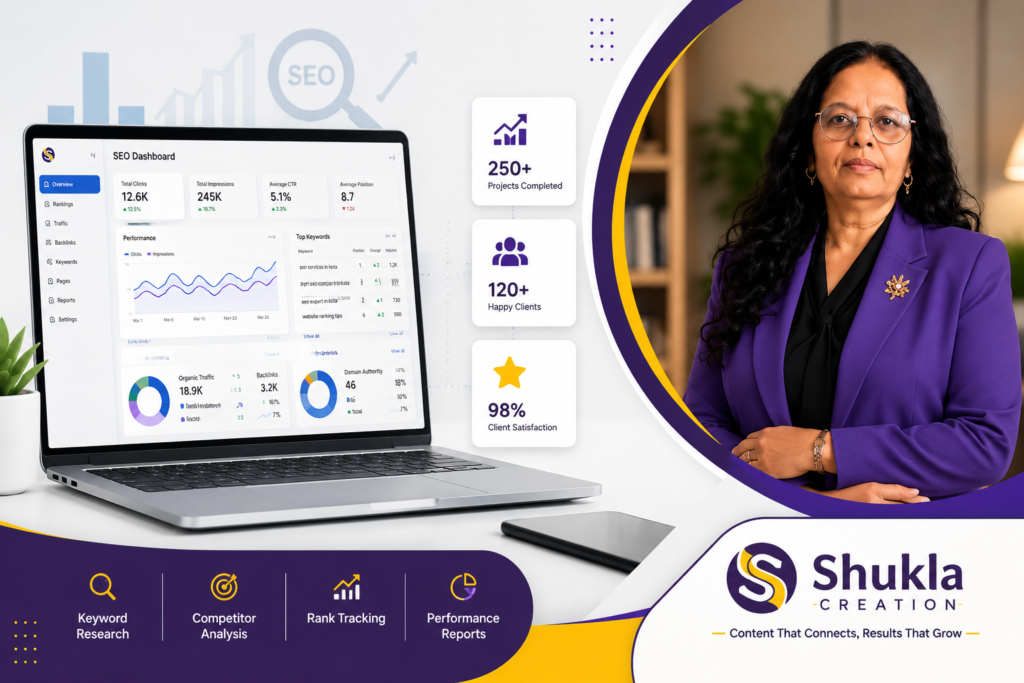 SEO dashboard showing Google rankings, analytics, organic traffic growth, and business performance by Shukla Creation.