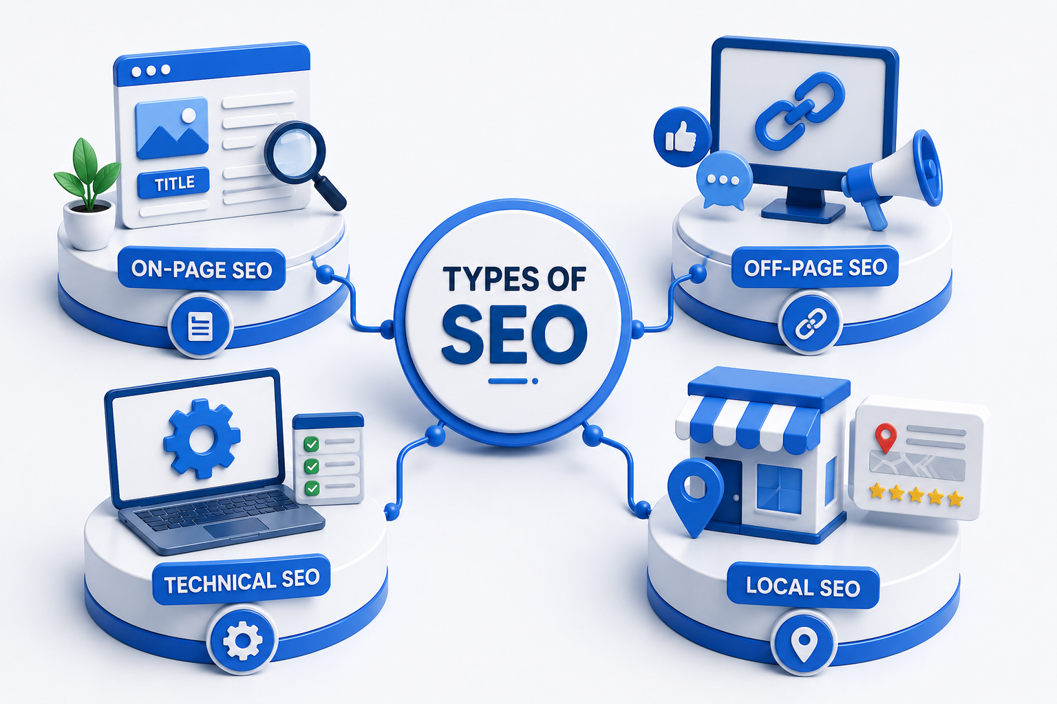 Types of SEO including On-Page SEO Off-Page SEO Technical SEO and Local SEO